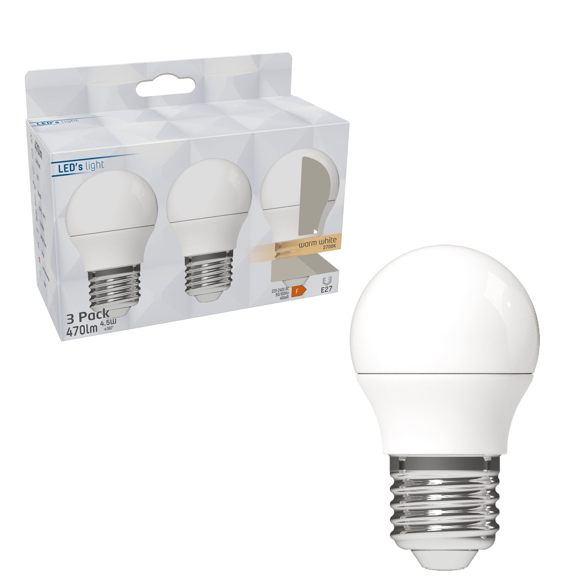 LED Lamp E27 - Bol Ø 4.5 cm - Warm wit licht - 4.9W vervangt 40W - 3 Kogellampen - LED.nl