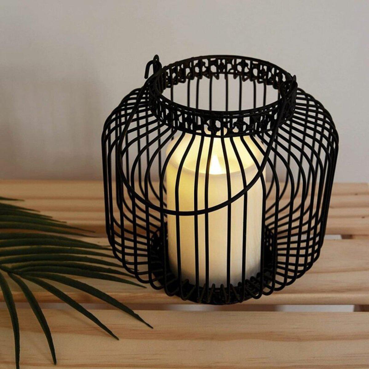 LED Lantaarn basket met LED kaars voor binnen en buiten - Draadloos op batterijen - Zwart - LED.nl