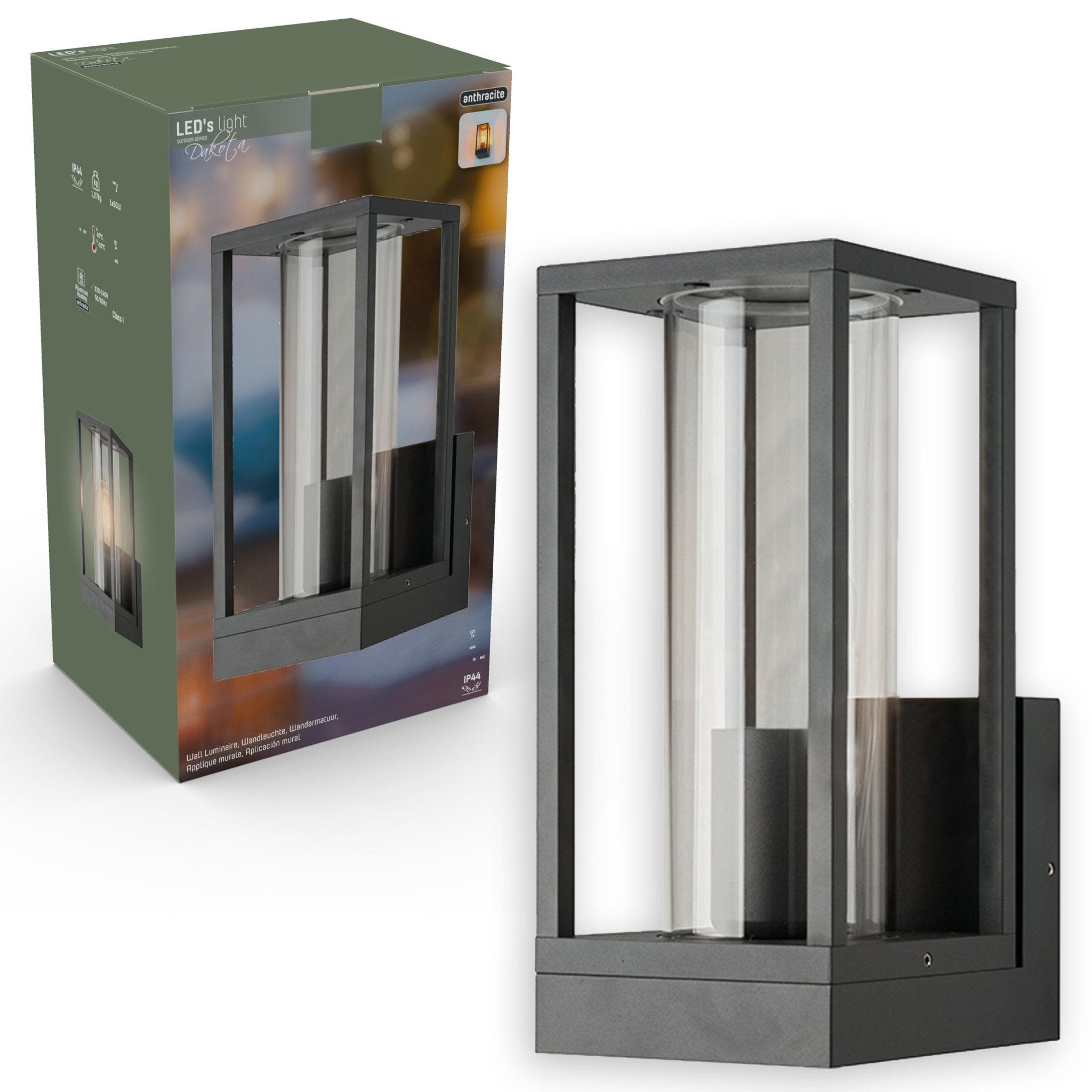 LED Wandlamp met glazen ruiten - Rechthoek - E27 fitting - IP44 - Antraciet - LED.nl