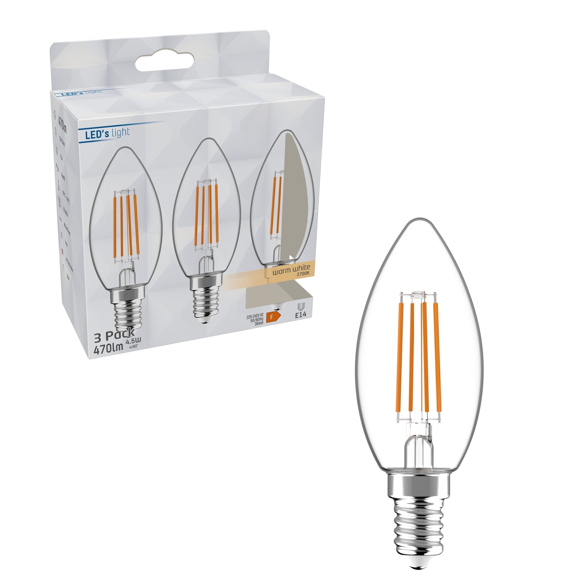 LongLife LED Filament Kaarslampen E14 - Warm wit licht - 4.5W vervangt 40W - 3 lampen - LED.nl
