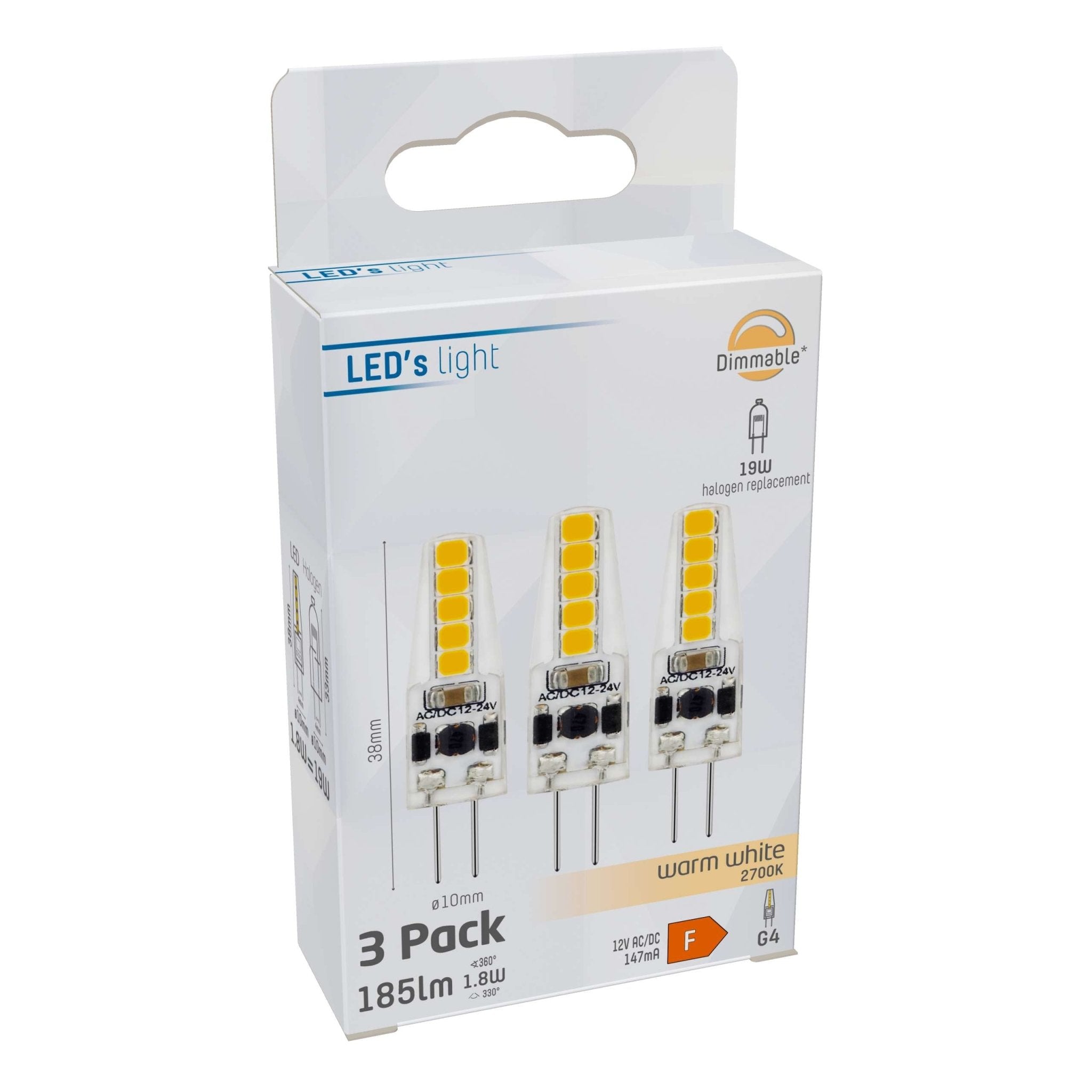LongLife LED Steeklamp G4 - 12V - Dimbaar warm wit licht - 1.9W (20W) - 3 lampjes - LED.nl