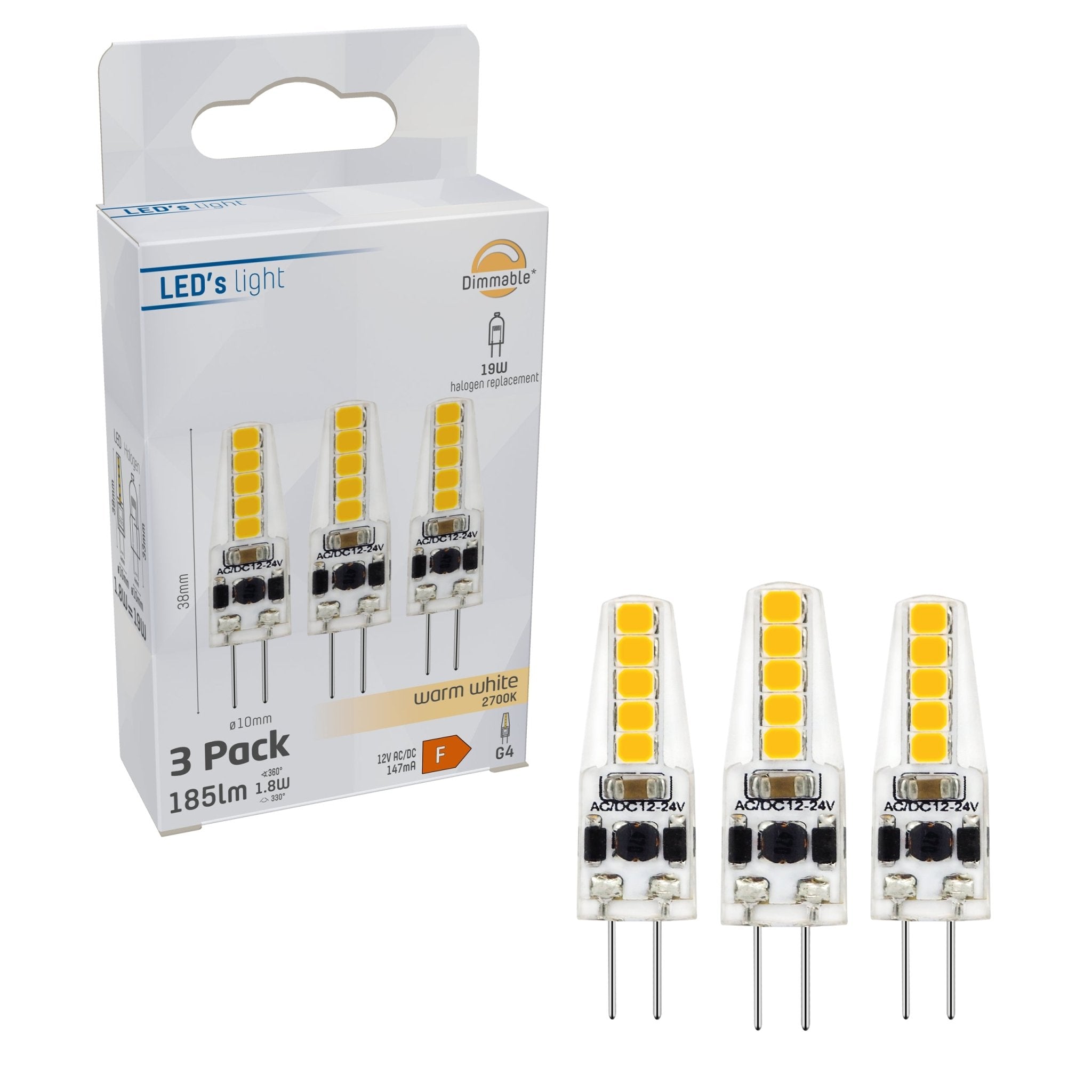 LongLife LED Steeklamp G4 - 12V - Dimbaar warm wit licht - 1.9W (20W) - 3 lampjes - LED.nl