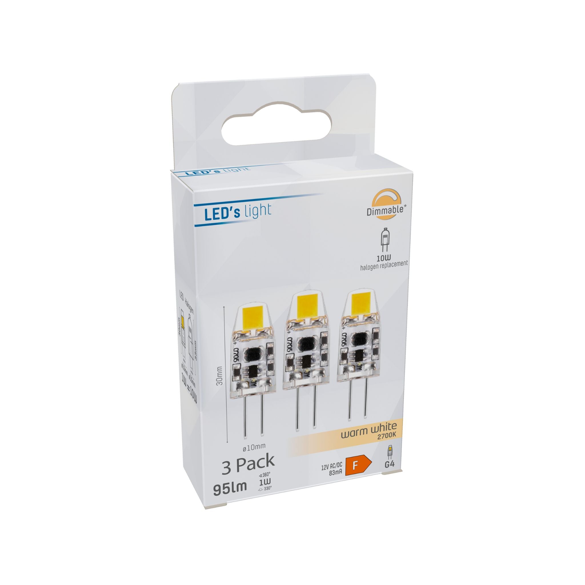 LongLife LED Steeklamp G4 - 12V - Dimbaar warm wit licht - 1W (10W) - 3 lampjes - LED.nl