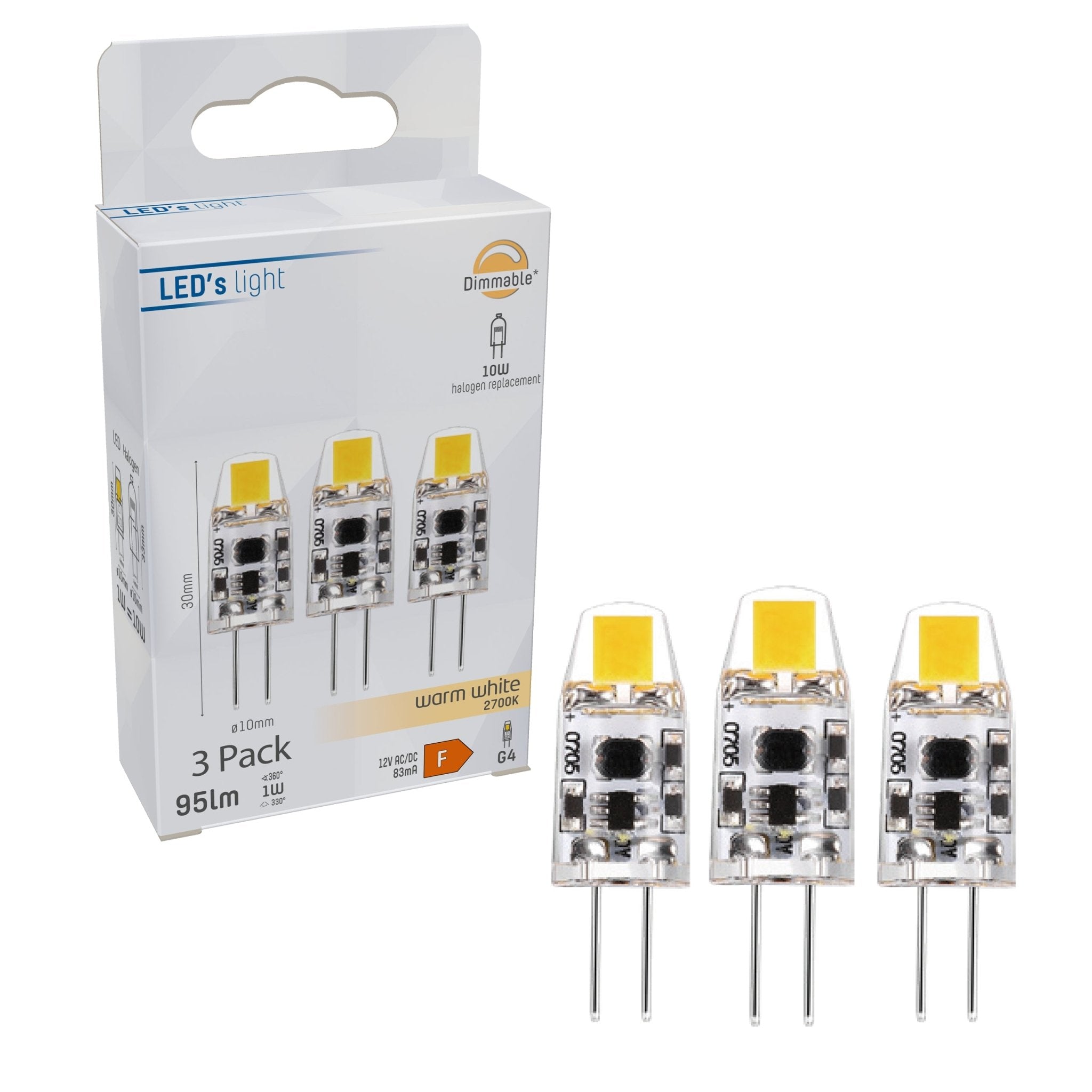 LongLife LED Steeklamp G4 - 12V - Dimbaar warm wit licht - 1W (10W) - 3 lampjes - LED.nl