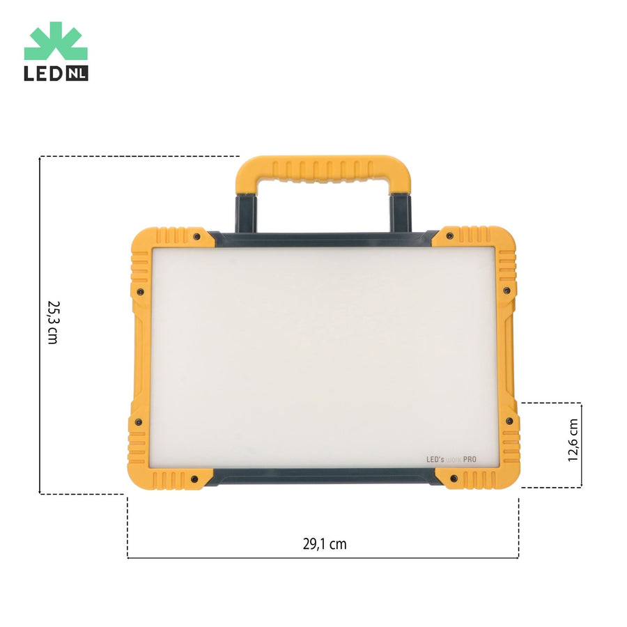 Wiederaufladbare Premium-LED-Bauleuchte 30 W – Kann sowohl mit Netzstrom als auch mit Batterie betrieben werden – In 3 Positionen dimmbar – 3000 Lumen – IP54 - LED.de