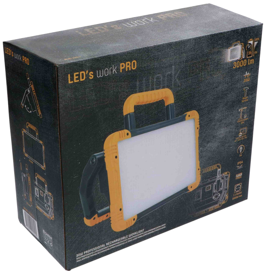 Wiederaufladbare Premium-LED-Bauleuchte 30 W – Kann sowohl mit Netzstrom als auch mit Batterie betrieben werden – In 3 Positionen dimmbar – 3000 Lumen – IP54 - LED.de