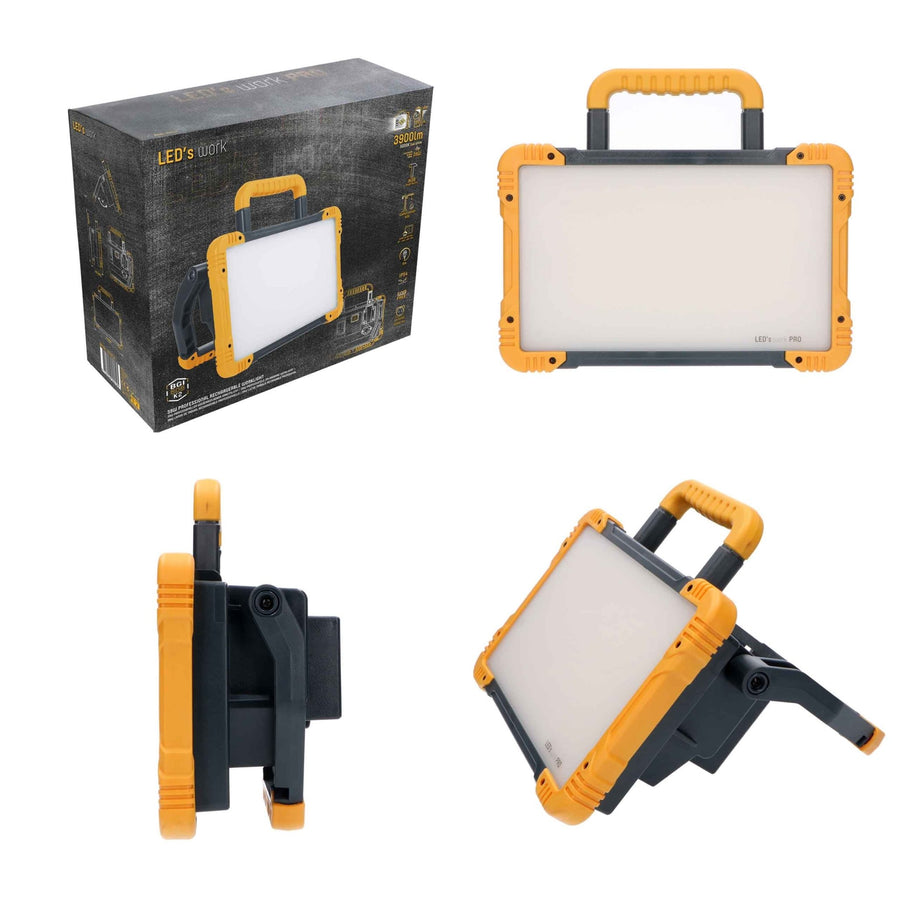 Wiederaufladbare Premium-LED-Bauleuchte 30 W – Kann sowohl mit Netzstrom als auch mit Batterie betrieben werden – In 3 Positionen dimmbar – 3000 Lumen – IP54 - LED.de