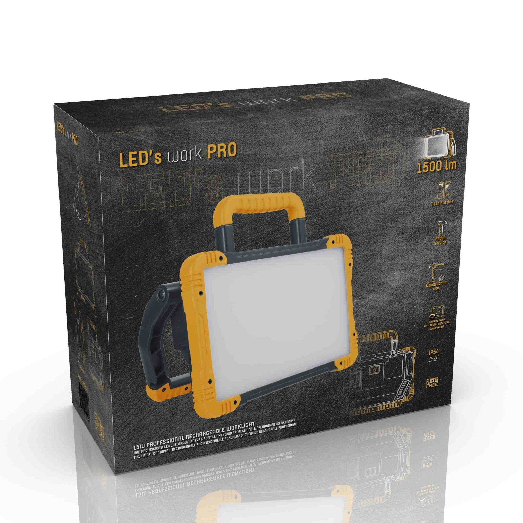 Oplaadbare Premium LED bouwlamp – Draadloze werking op accu – 1500 lumen – IP54 – Rough Service Tested - LED.nl