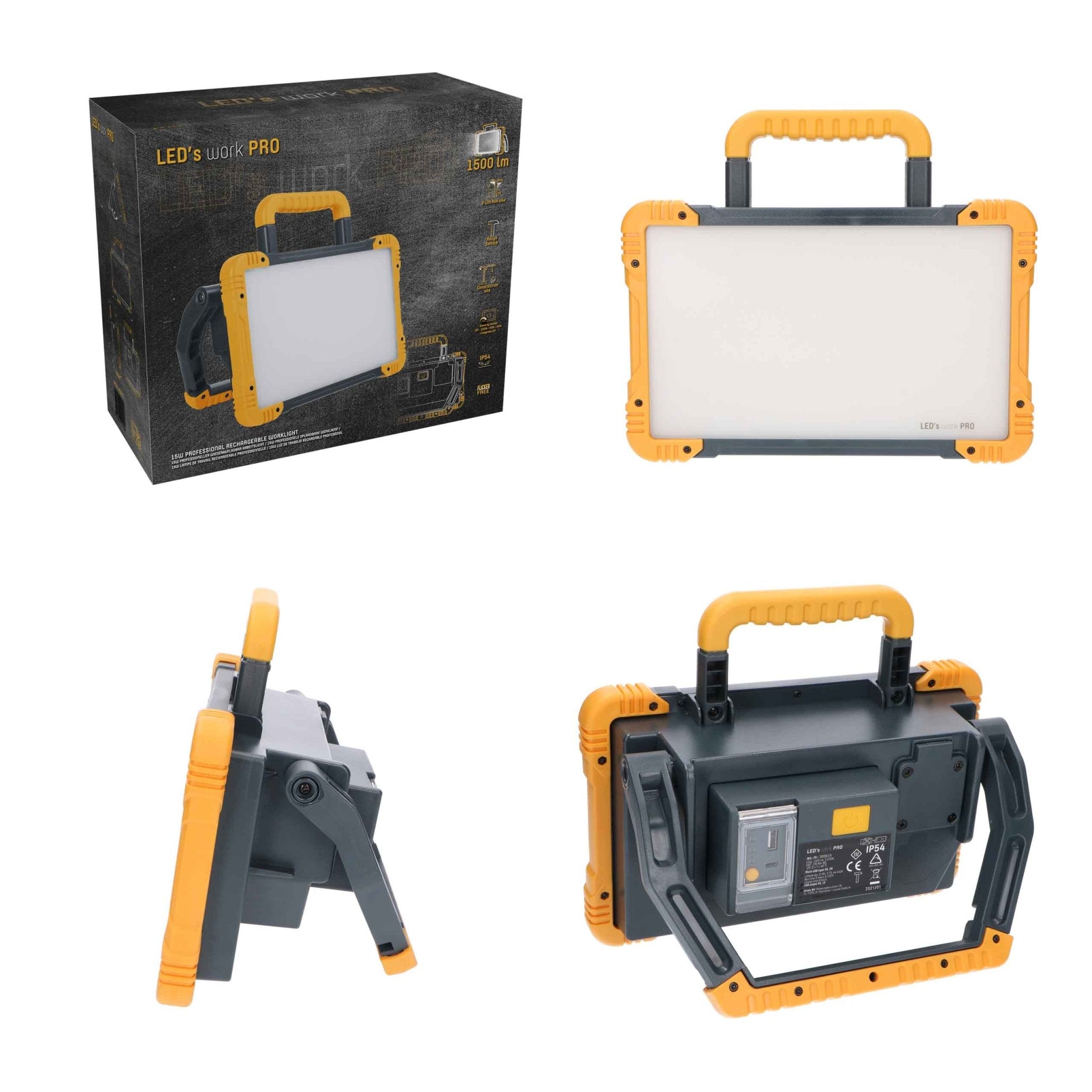 Oplaadbare Premium LED bouwlamp – Draadloze werking op accu – 1500 lumen – IP54 – Rough Service Tested - LED.nl