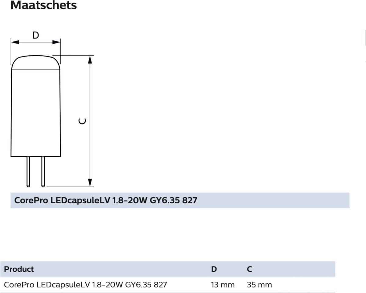 Philips CorePro LED capsulelamp - GY6.35 prikfitting - 12V - 1.7W vervangt 20W - Warm wit - LED.nl