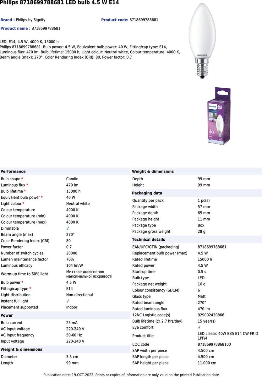 Philips E14 LED Kaarslamp - Mat - Dimbaar koud wit licht - 4.5W vervangt 40W - LED.nl