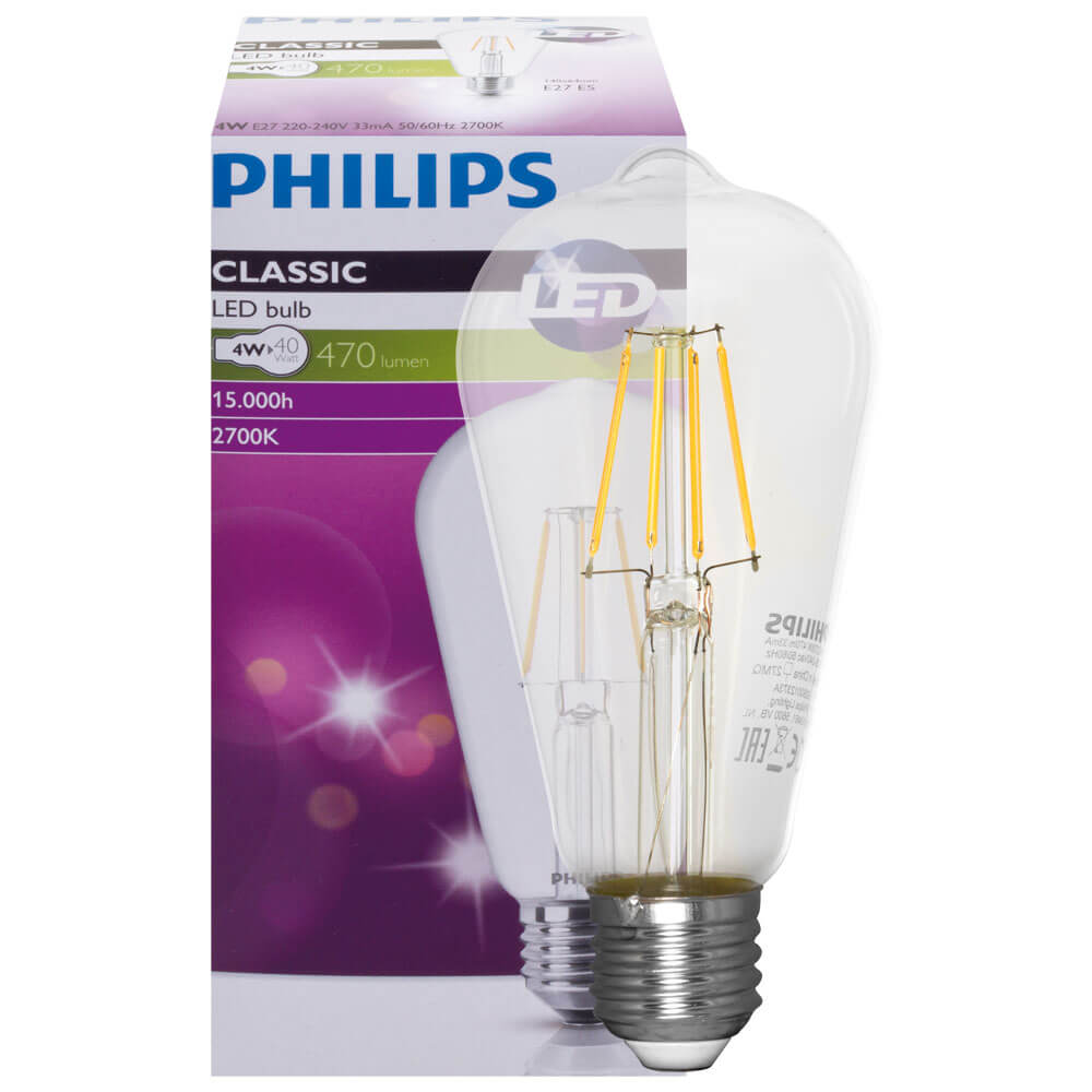 Philips E27 LED Filamentlamp - Transparant - Warm wit licht - 4W vervangt 40W - LED.nl