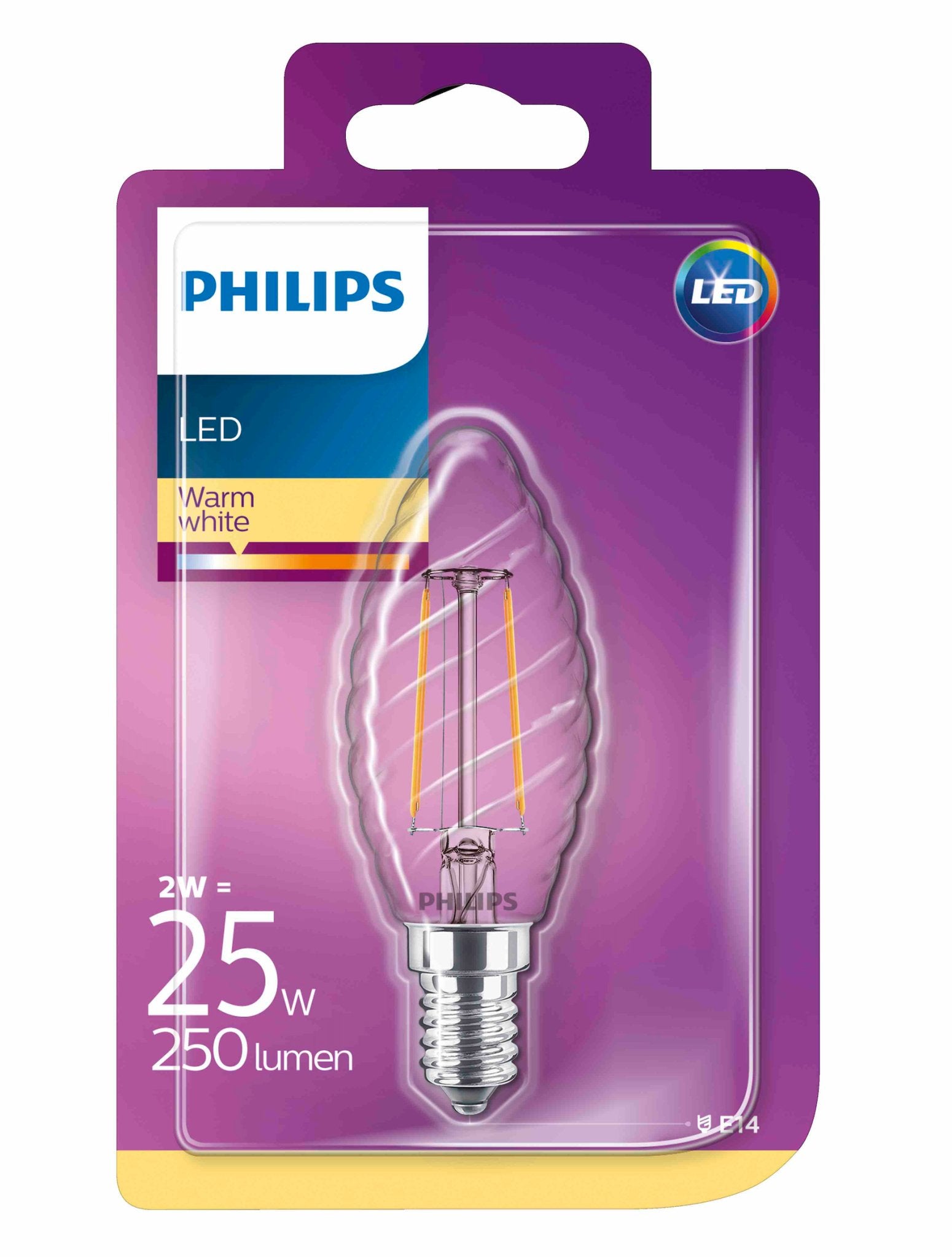 Philips LED Filament Lamp Kaars E14 - Helder - 2W vervangt 25W - Warm wit licht - LED.nl