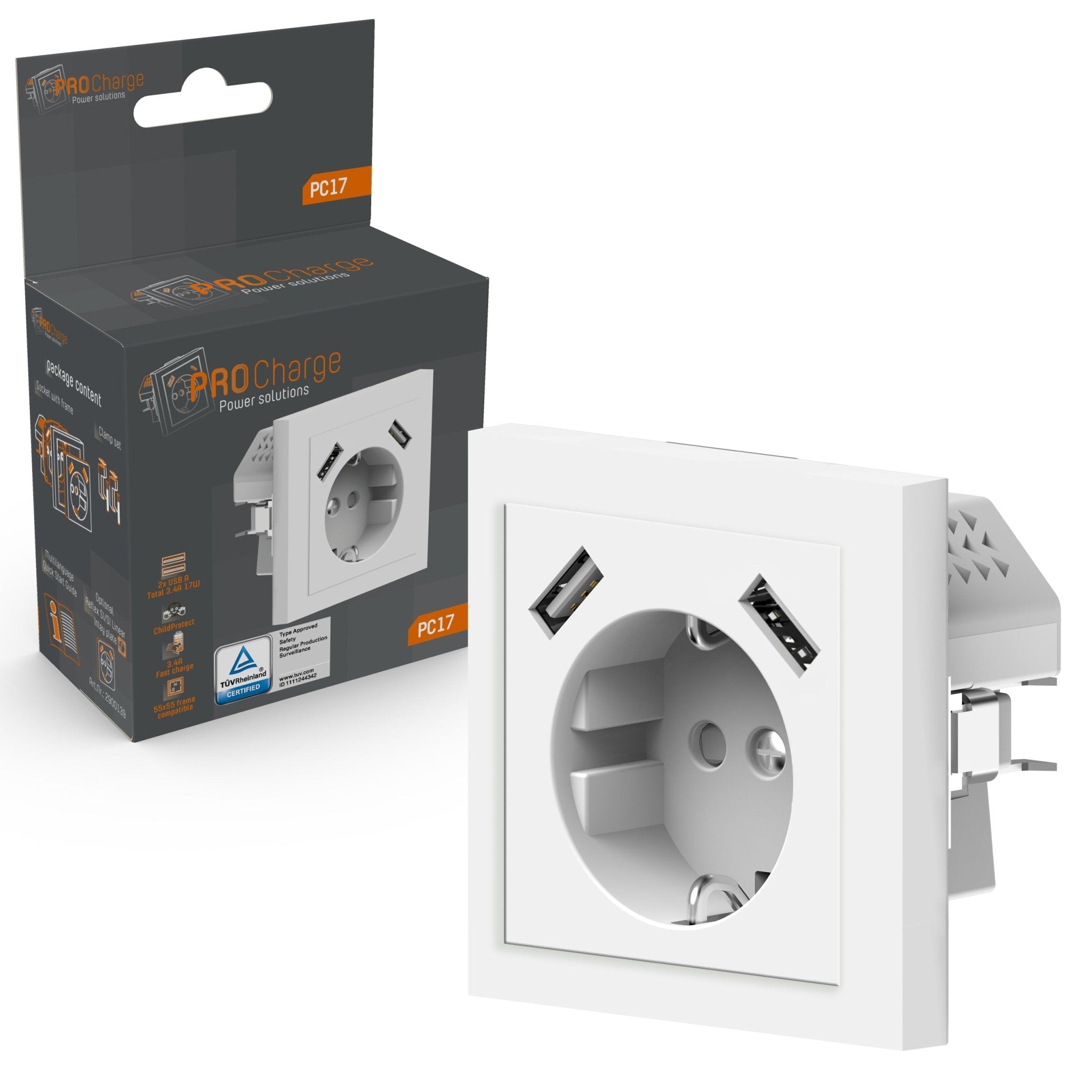 ProCharge Wandcontactdoos met 2 USB snelladers - Universeel - Wit - RAL9010 - LED.nl