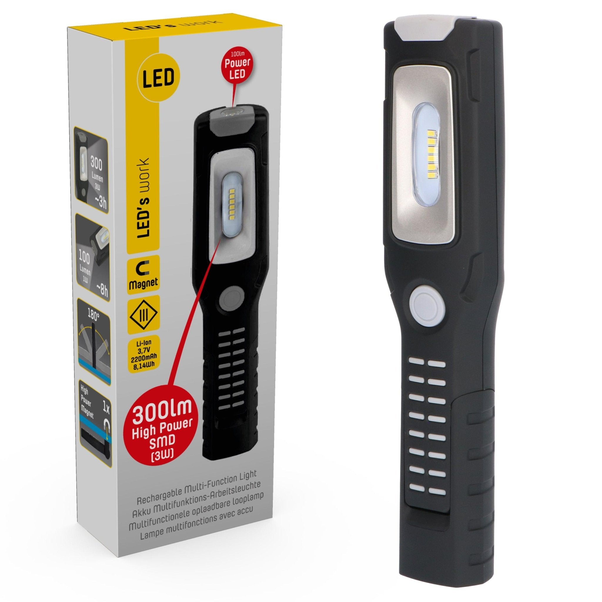 Professionele LED Looplamp op accu - oplaadbaar & draadloos - 2 lichtpunten - 300 lm - LED.nl