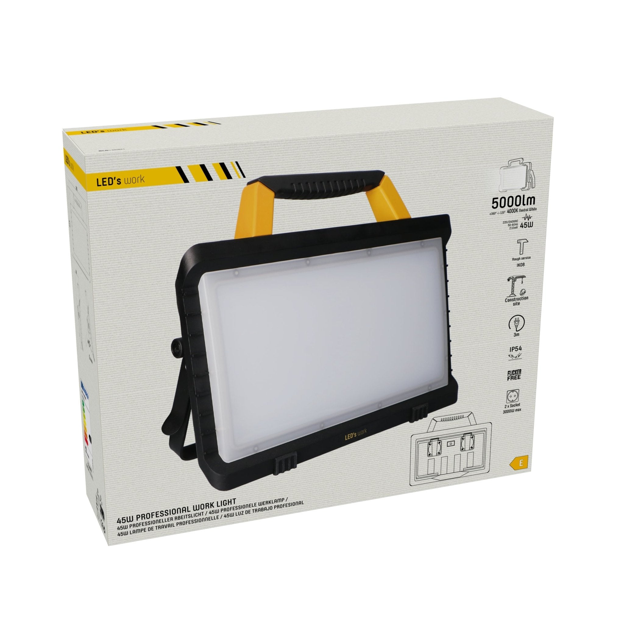 ProWork LED Bouwlamp met  2 extra stopcontacten -  5 meter snoer - IP54 - 5000 lm - LED.nl