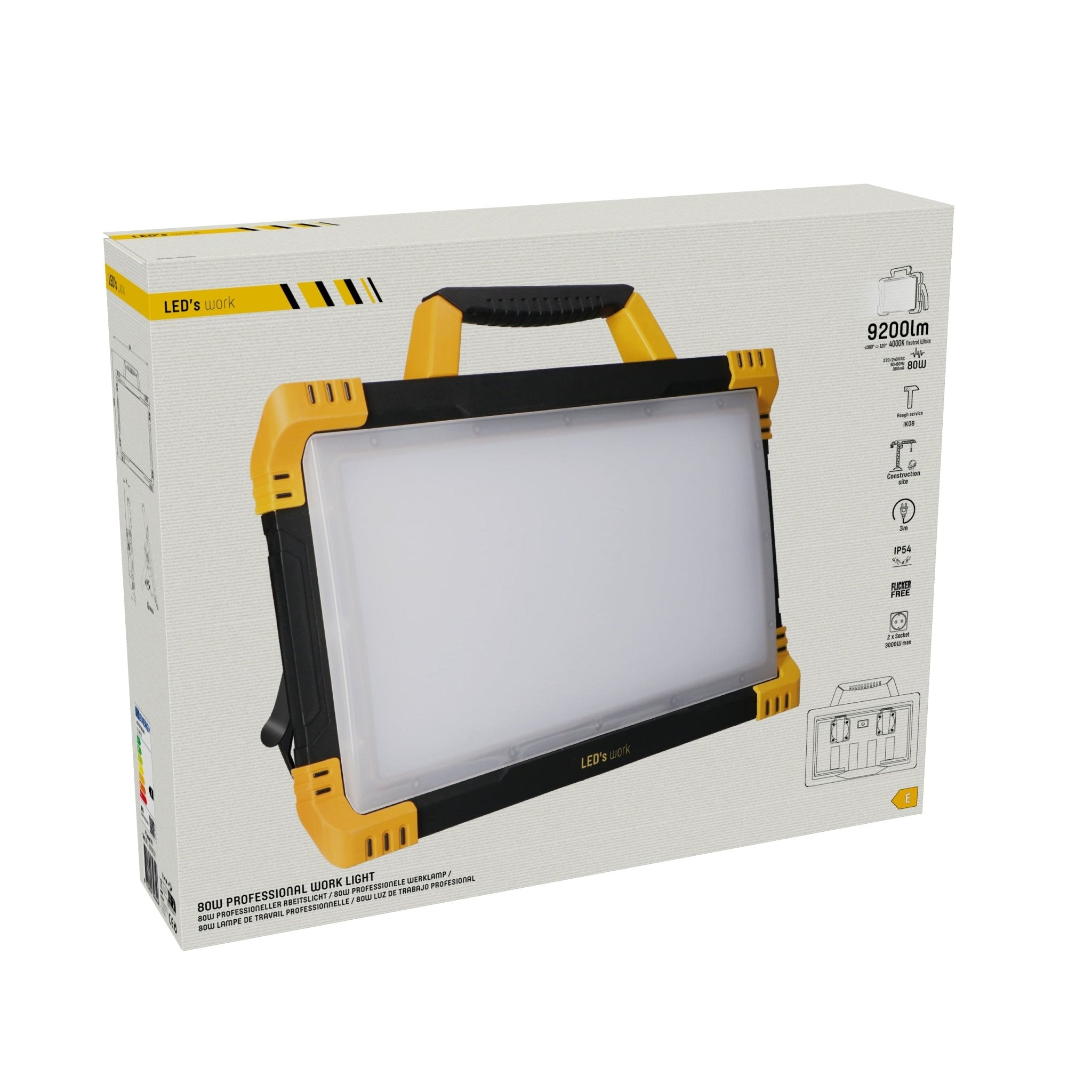 ProWork LED Bouwlamp met  2 extra stopcontacten -  5 meter snoer - IP54 - 9200 lm - LED.nl