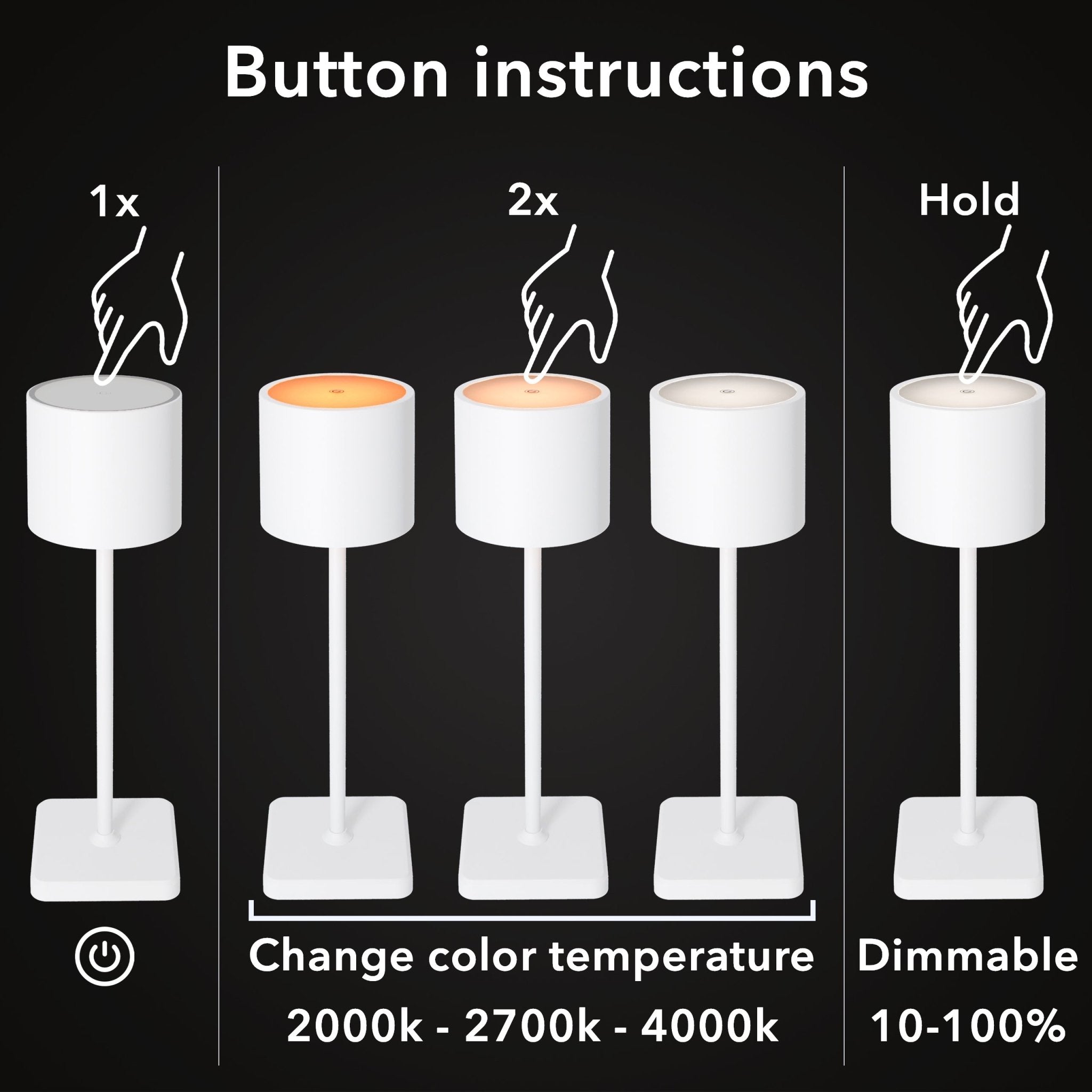 TouchDim oplaadbare LED tafellamp wit – Dimbaar met touch-bediening – Voor binnen en buiten – 3 tinten licht instelbaar - LED.nl