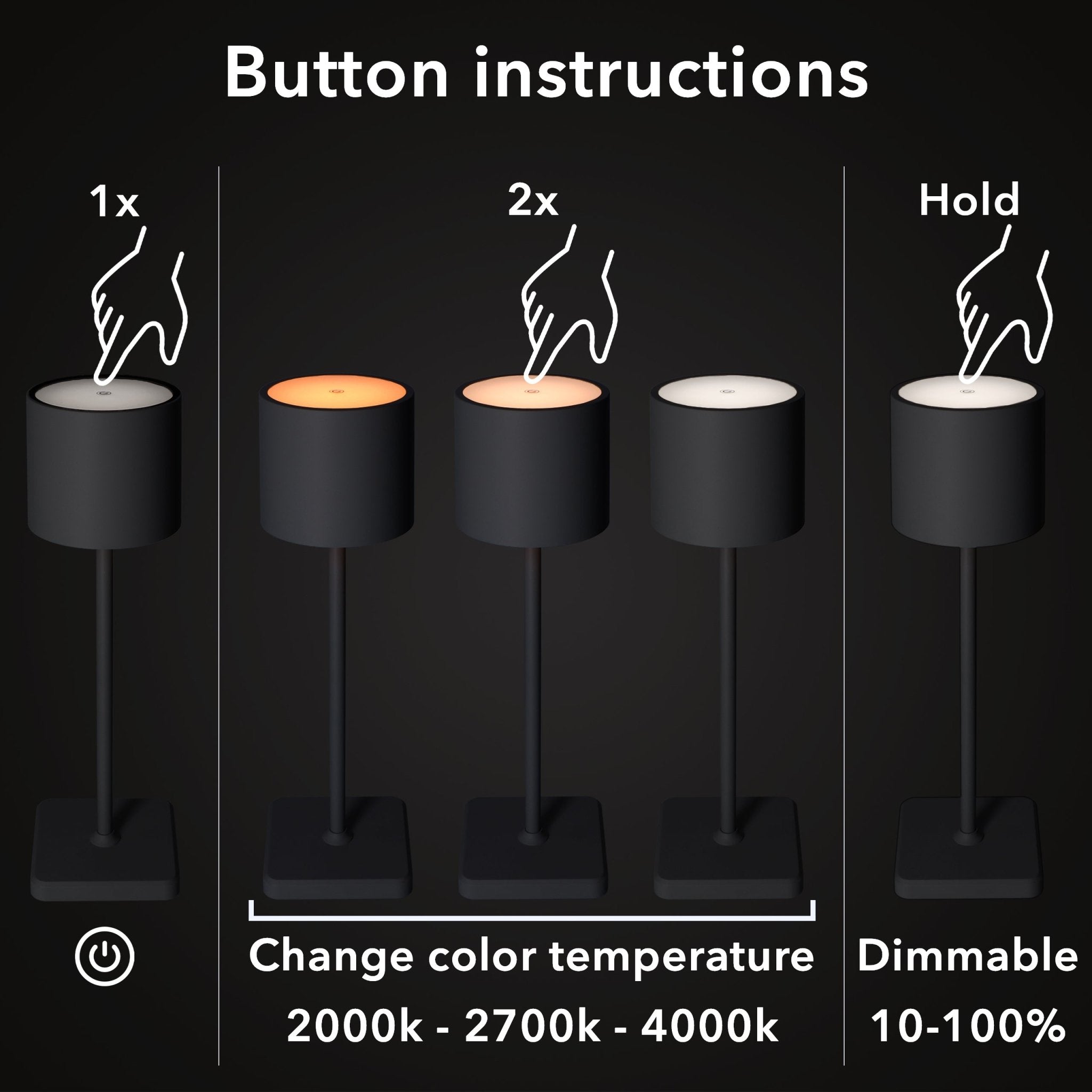 TouchDim oplaadbare LED tafellamp zwart – Dimbaar met touch-bediening – Voor binnen en buiten – 3 tinten licht instelbaar - LED.nl