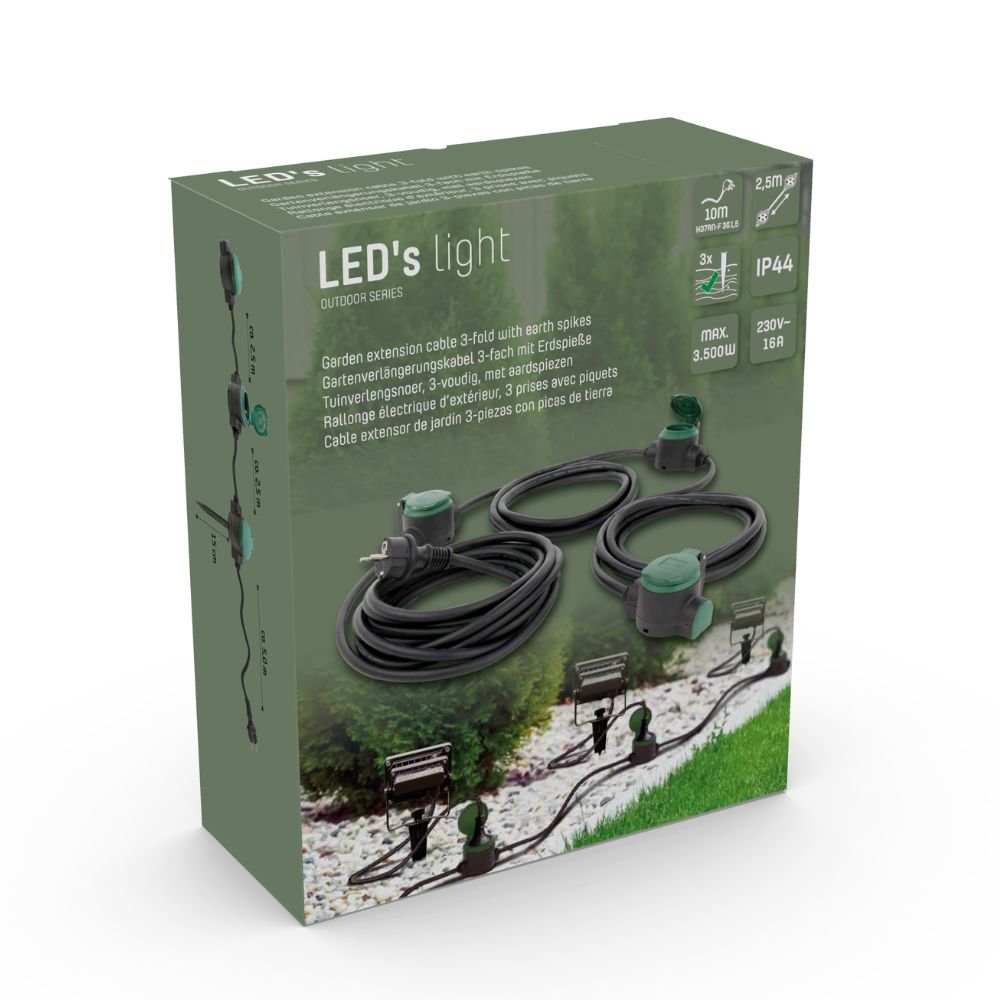Verlengsnoer 10 meter met stekkerdoos voor buiten - 3 stopcontacten - IP44 - LED.nl